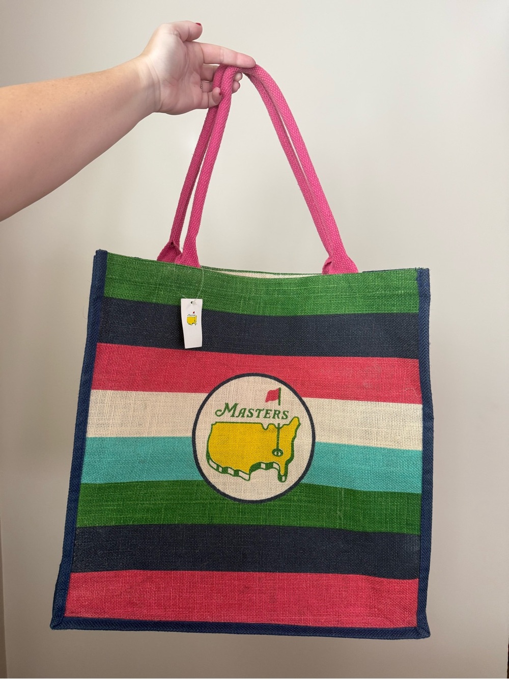 NWT Masters Jute Tote Bag Striped with Pink Handles